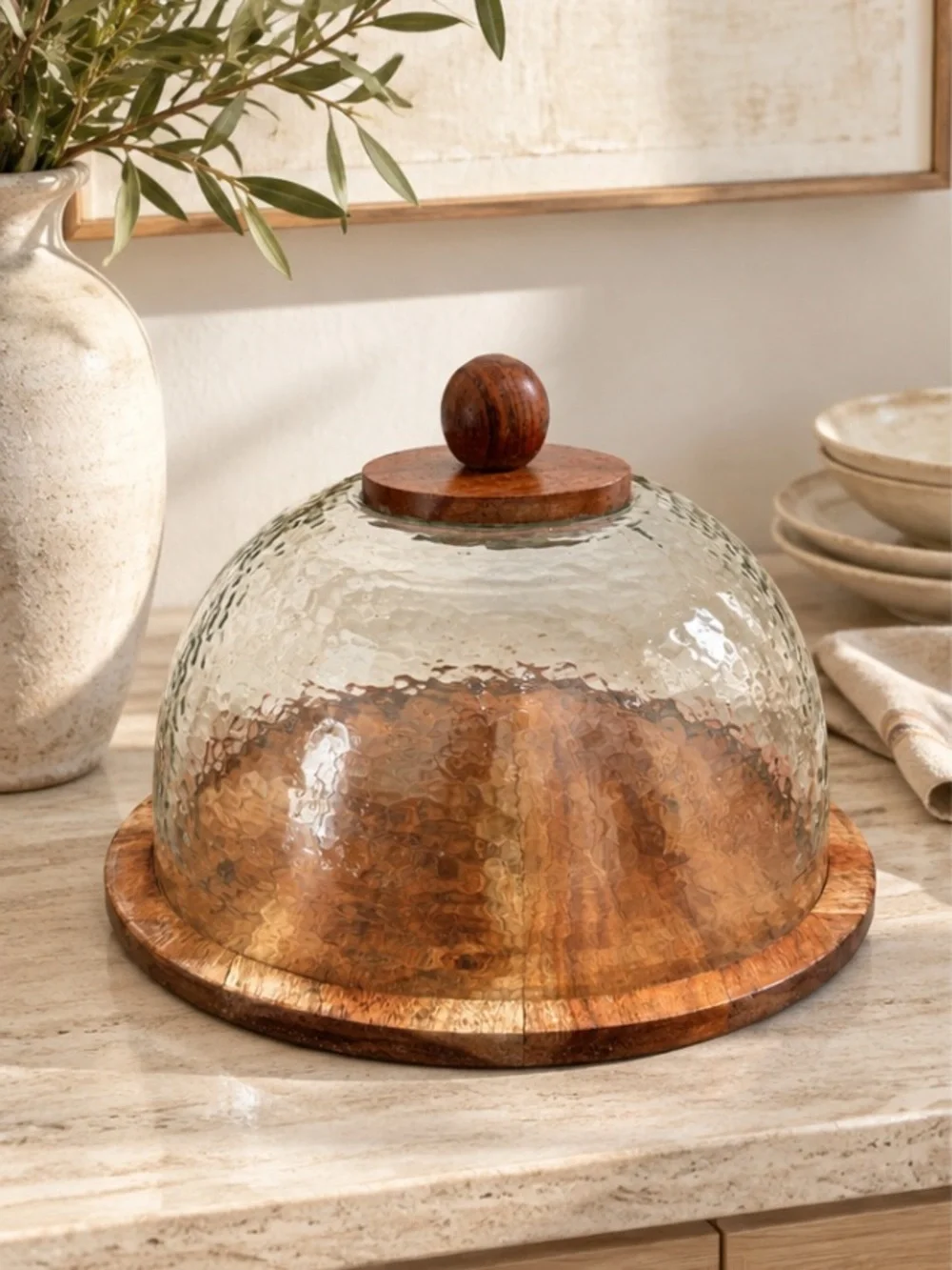 Wood & Hammered Glass Dome Cake Stand with Knob - Round Cloche Natural Brown 11”